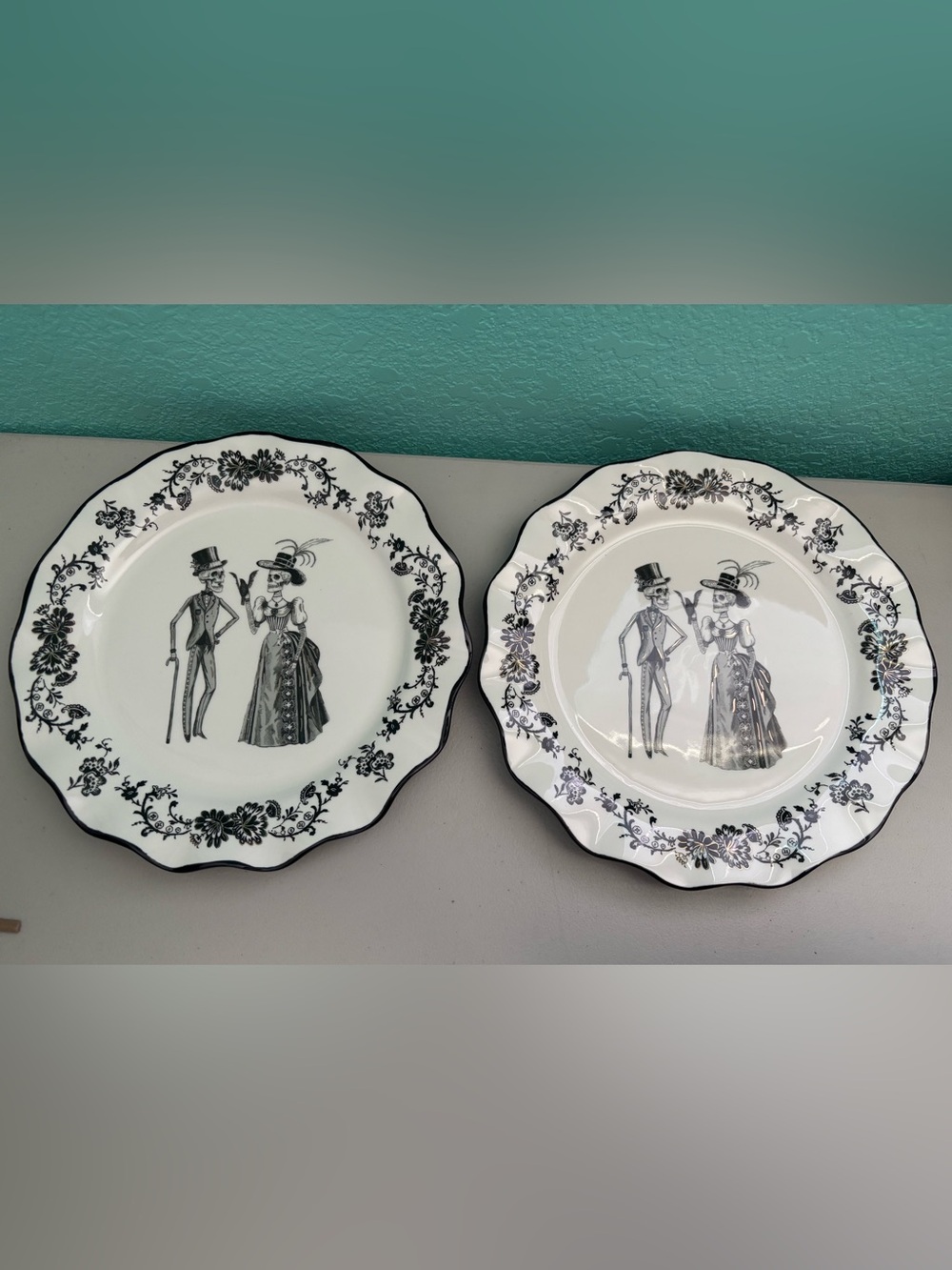 2 Potters Studio Ceramic Plate Black Floral Victorian Skeleton Couple Halloween